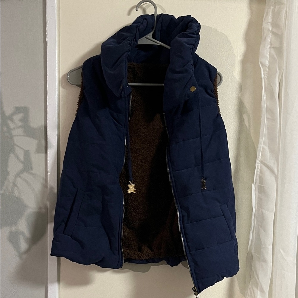 Navy Blue Puffer Vest with Brown Lining